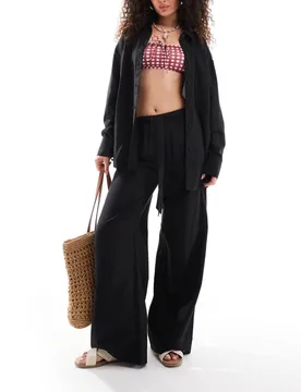 Womens Isabel Mix & Match Linen Look Tie Waist Beach Trouser In Black - Size 4 Uk - ASOS DESIGN - FashionsVida