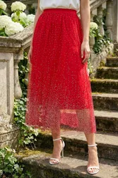 Womens Polka Dot Print Elasticated Mesh Skirt - Red - Size 16 Uk