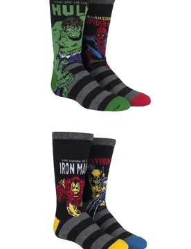 Pair Assorted Marvel Comics Mix Hulk, Spider-Man, Iron Man and Wolverine Socks Kids Unisex 9-12 Kids (4-7 Years) - - Assorted - Size: 9-12 Kids - Film & TV Characters - FashionsVida