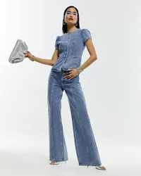 Womens Wide Leg Jeans Blue Washed Bling Button Cotton - Size 12 Regular
