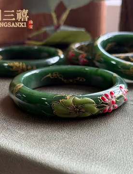 Natural Hetian Jade Bracelet , Spinach Green, Hand-Carved, Enamelled with Gold-Painted Peony Flowers, Gift fo - Aliexpress - FashionsVida