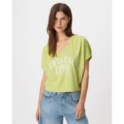 Camiseta de mujer de manga corta con cuello en v y mensaje