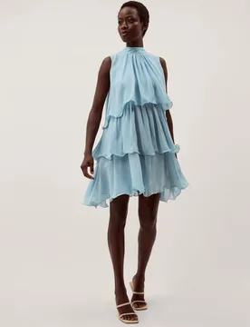 Sheer Ruffle Bow Detail Mini Tiered Swing Dress Pale Blue female - Monsoon - FashionsVida