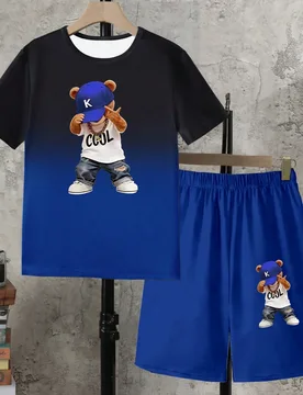 Set de 2 piezas de camiseta de manga corta con cuello redondo y pantalón corto con bolsillo, estilo deportivo y degradado de oso para adolescentes va - Shein - FashionsVida