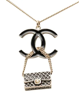 Gold Plated and Enamel CC and Flap Bag Pendant Necklace - Chanel - FashionsVida