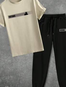 Set de 2 piezas de camiseta de manga corta holgada con gráfico en inglés del árbol de la esperanza y pantalones largos con cordón para hombre, ade - Shein - FashionsVida