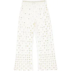 Pantalones anchos de mujer de ganchillo con espejos y bajo festoneado