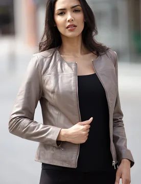 Womens 'Francesca' Collarless Real Fashion Jacket - Taupe - Size 24 Uk - Ashwood Leather - FashionsVida