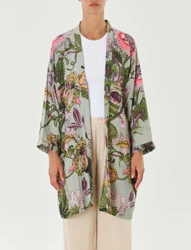 Kimono lungo grigio a fantasia floreale rosa e verde in misto viscosa e modal - One Hundred Stars - FashionsVida