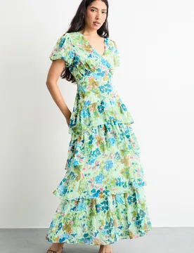 Womens Floral Dropped Waist Puff Sleeve Tiered Midi Dress - Green - Size 12 Uk - Warehouse - FashionsVida