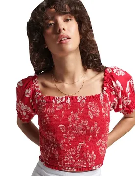 Top A Maniche Corte Vintage Smocked Crop Floral Red XL
