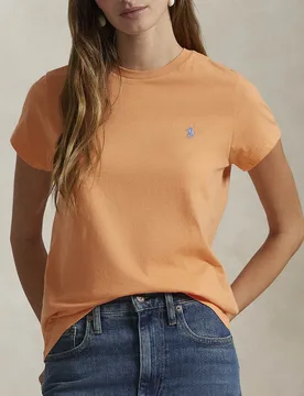T-shirt Polo arancione girocollo in cotone con logo azzurro ricamato - Ralph Lauren - FashionsVida