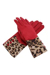 Women's Animal Print & Button Detail Glove in Red - Red - Size: One Size