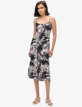 Superdry Damen Grau und Schwarz Bedrucktes Midi-Trägerkleid mit Knopfleiste, Größe: 36