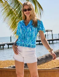 Printed Pom Pom Tie Neck Top Blue Mix female