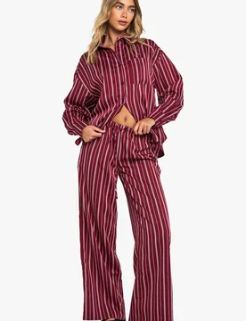 Womens Pinstripe Wide Leg Drawcord Waist Trousers - Red - Size 6 Uk - Boohoo - FashionsVida