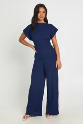 Womens Petite Crinkle Tie Back Top Wide Leg Trouser Co Ord - Navy - Size 10 Uk