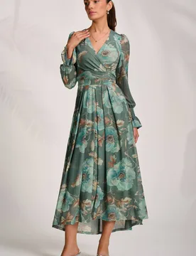 Women's Long Sleeve V Neck Mesh Maxi Dress in Green Size: 16 - Green - Size: 16 - Jolie Moi - FashionsVida