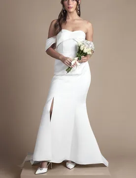 Women's Bardot Twist Structured Satin Maxi Wedding Dress with Fishtail Train in White Size: 8 - White - Size: 8 - Coast - FashionsVida