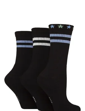 Women's 3 Pair Half Cushion Bamboo Sports Socks Black / Forager 4-8 - Black - Size: Small - ELLE - FashionsVida