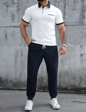Conjunto de camisa polo casual y pantalones con cordón para hombre - Shein - FashionsVida
