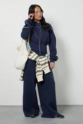Womens Deep Hem Collar Detail Straight Leg Tracksuit - Navy Cotton - Size Small