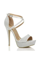High Heel Crossed Straps Platform Sandals - Silver - Size: 5