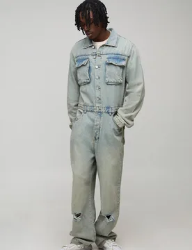 Herren Tall Stonewash Rip and Repair Relaxed Overall Größe 30 - boohooMAN - FashionsVida