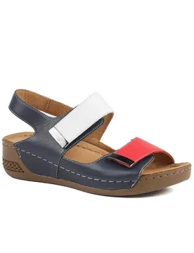 Women's Leather Touch Fasten Wedge Sandals in Navy Size: 7 - Navy - Size: 7 - Pavers - FashionsVida