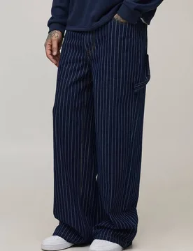 Herren Lange Nadelstreifen-Denim Baggy Zimmermann Jeans Hosen Indigo Größe 34 - boohooMAN - FashionsVida