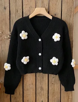 Cárdigan de punto con flores negras 3D para niñas pequeñas, chaqueta de suéter con botones linda para la vuelta a la escuela en otoño, moda vers? - Shein - FashionsVida