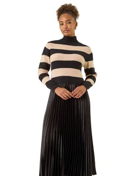 Womens Stripe Knit Pleated Dress - Black - Size 20 Uk - Roman - FashionsVida