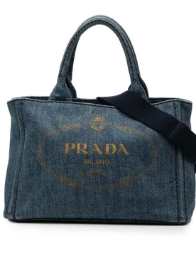 Small Denim Canapa Logo Satchel - Prada - FashionsVida