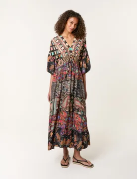 Womens Tiered V Neck Dress - Multicolour - Size Medium/large - Blue Vanilla - FashionsVida