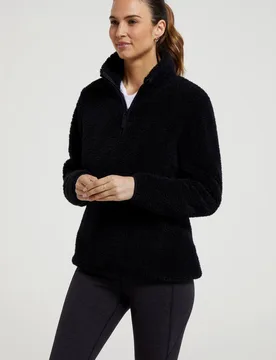 Women's 'Teddy' Breathable Warm Cosy Half Zip Fleece Teddy Borg Sweatshirt in Black Size: 10 - Black - Size: 10 - Mountain Warehouse - FashionsVida