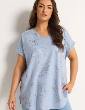 Foil Notch Neck Top - Light Blue - Size: 22-24 - Yours - FashionsVida
