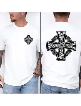 Men's 100% Cotton T-Shirt with Vintage Celtic Cross Print, Classic Crew Neck Short Sleeve Tees, Retro Irish Knot Pattern Casual - Aliexpress - FashionsVida