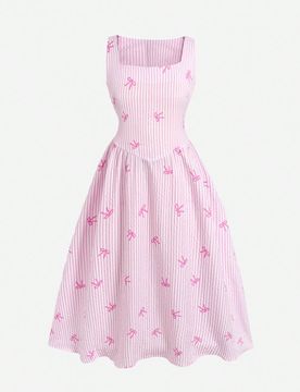 Vestido midi sin mangas con cuello cuadrado y lazo rosa & blanco a rayas para niña preadolescente, atuendo casual para uso diario y vacaciones de ver