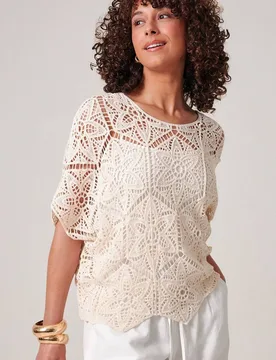 Floral Crochet Short Sleeve Top - Natural - Size: S/M - Klass. - FashionsVida