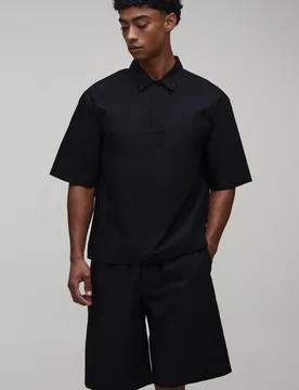 Men's Cotton Concealed Placket Oversized Polo Shirt & Baggy Short Set Black Size Small Black S - boohooMAN - FashionsVida