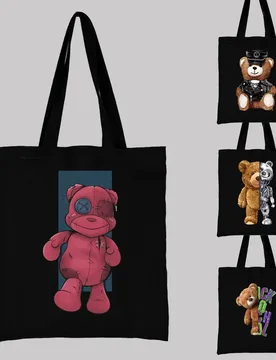 Female Bags Shopper Bag College Student Canvas Tote Bag Teddy Bear Pattern Series Harajuku Style Black Printing High Capacity - Aliexpress - FashionsVida