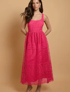 Women's Premium Square Neck Lace Midi Dress in Hot Pink Size: 12 - Hot Pink - Size: 12 - OASIS - FashionsVida