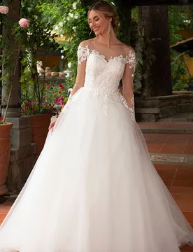 Elegant Wedding Dress Embroidered Lace On Net Ball Gown With A-Line Floor O-Neck Full Sleeve Bride Customized Vestido De Novia - Aliexpress - FashionsVida