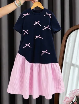 Vestido casual de manga corta con corbata de lazo y bloques de color para niñas preadolescentes, vestido para niños, vestido para niñas, vestidos p - Shein - FashionsVida