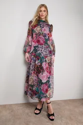 Womens Printed Dropped Curved Waist Long Sleeve Maxi Dress - Multicolour - Size 12 Uk