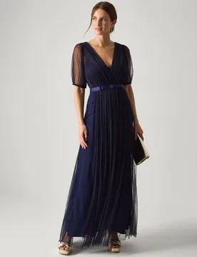 Mesh V-Neck Sheer Sleeve Maxi Skater Dress Navy female - Monsoon - FashionsVida