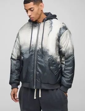 Men's Oversized Abstract Print Hooded Bomber Jacket In Charcoal Size Medium Charcoal M - boohooMAN - FashionsVida
