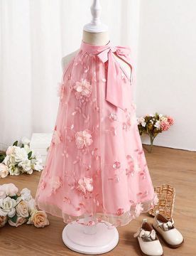 Vestido holgado casual de cuello alto con malla y estampado floral para niña joven