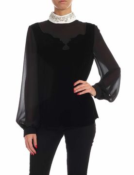 Blusa in velluto con colletto gioiello