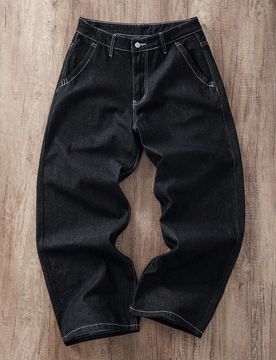Pantalones vaqueros casuales para hombres con estampado de letras, bolsillo y pierna ancha y suelta
